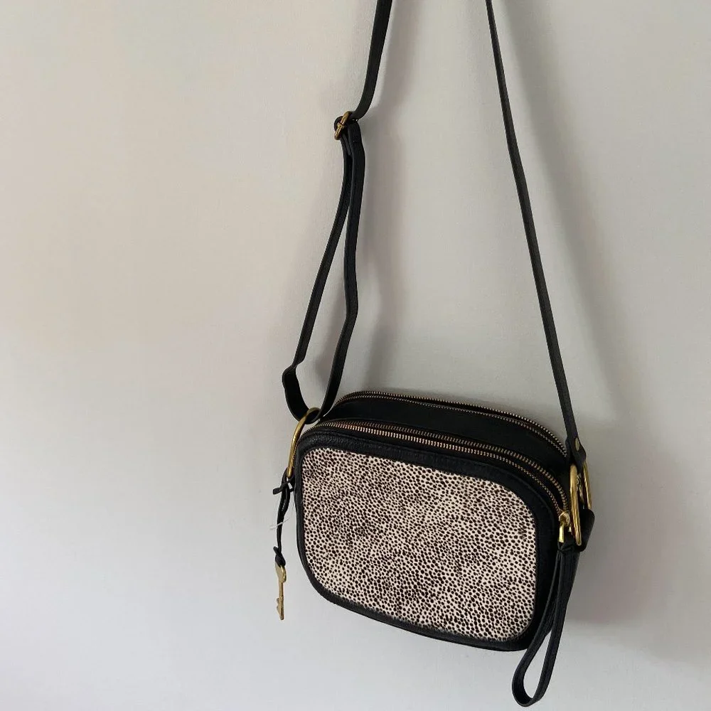 Fossil Black Elle Crossbody Bag Animal Print Cow Hide - Picture 5 of 11